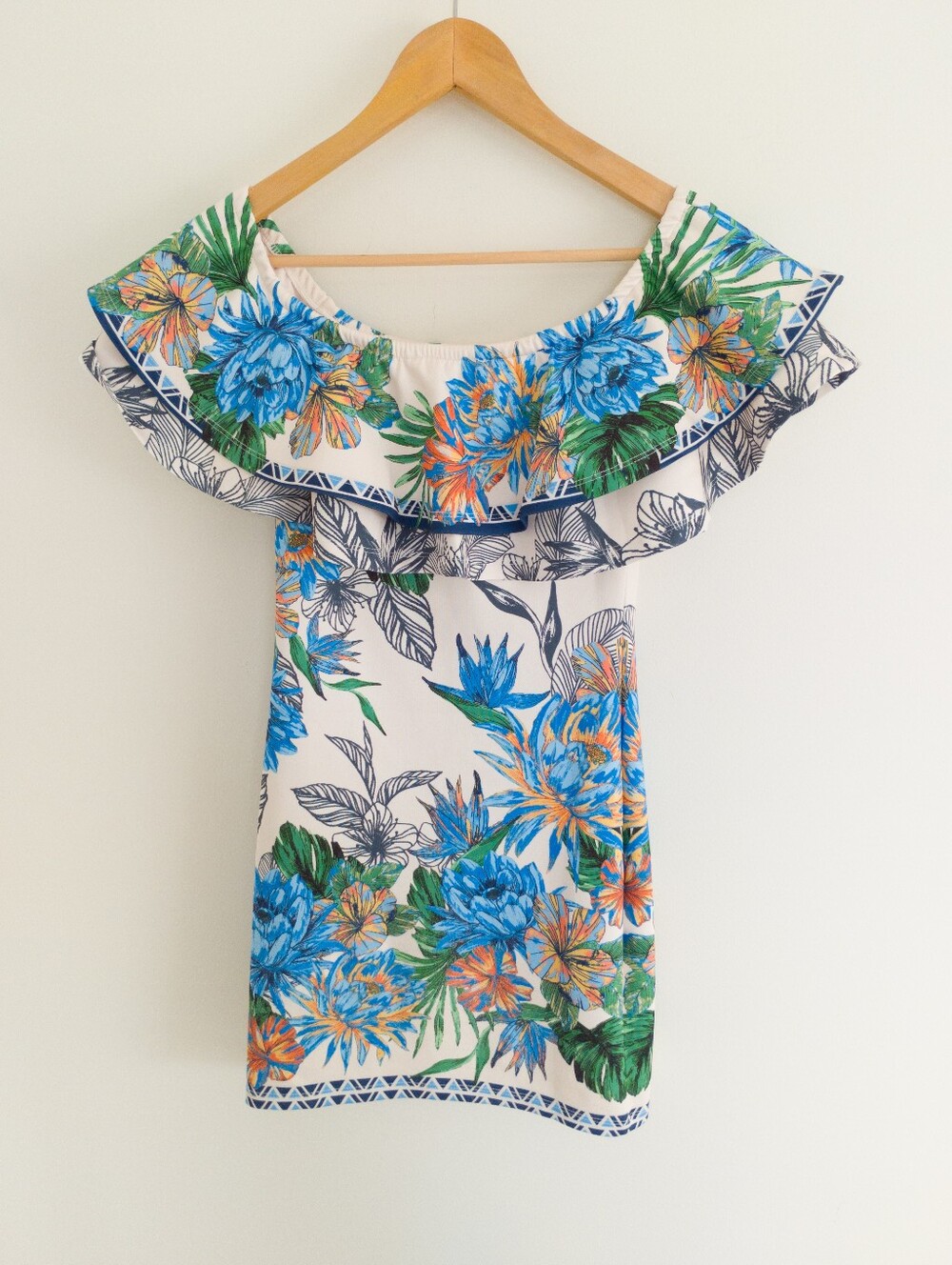 Jealous Tomato Tropical Floral Off Shoulder Mini Dress Blue White Small